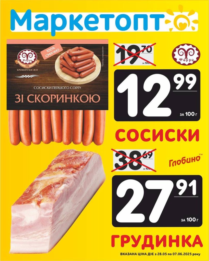 Сосиски зі скоринкою ТМ Фарро і Грудинка ТМ Глобино - Акції Маркетопт з 28.05 по 07.06.25