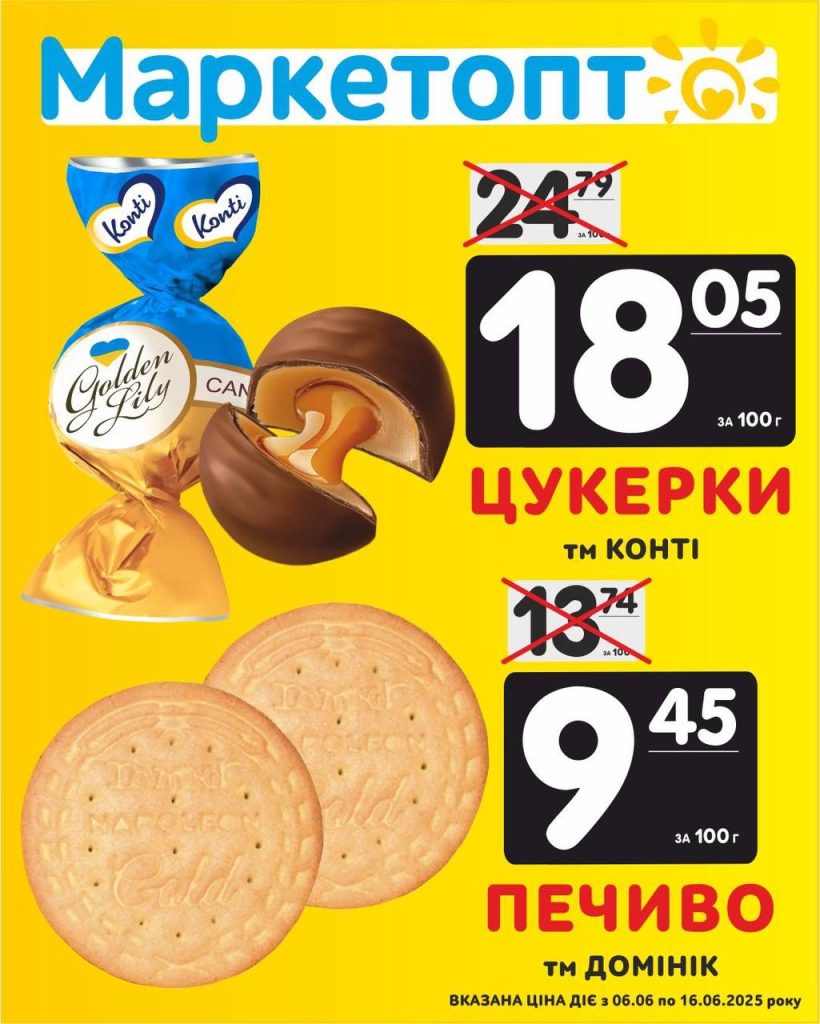 Печиво Домінік і Цукерки Конті - Акції Маркетопт з 06.06 по 16.06.25